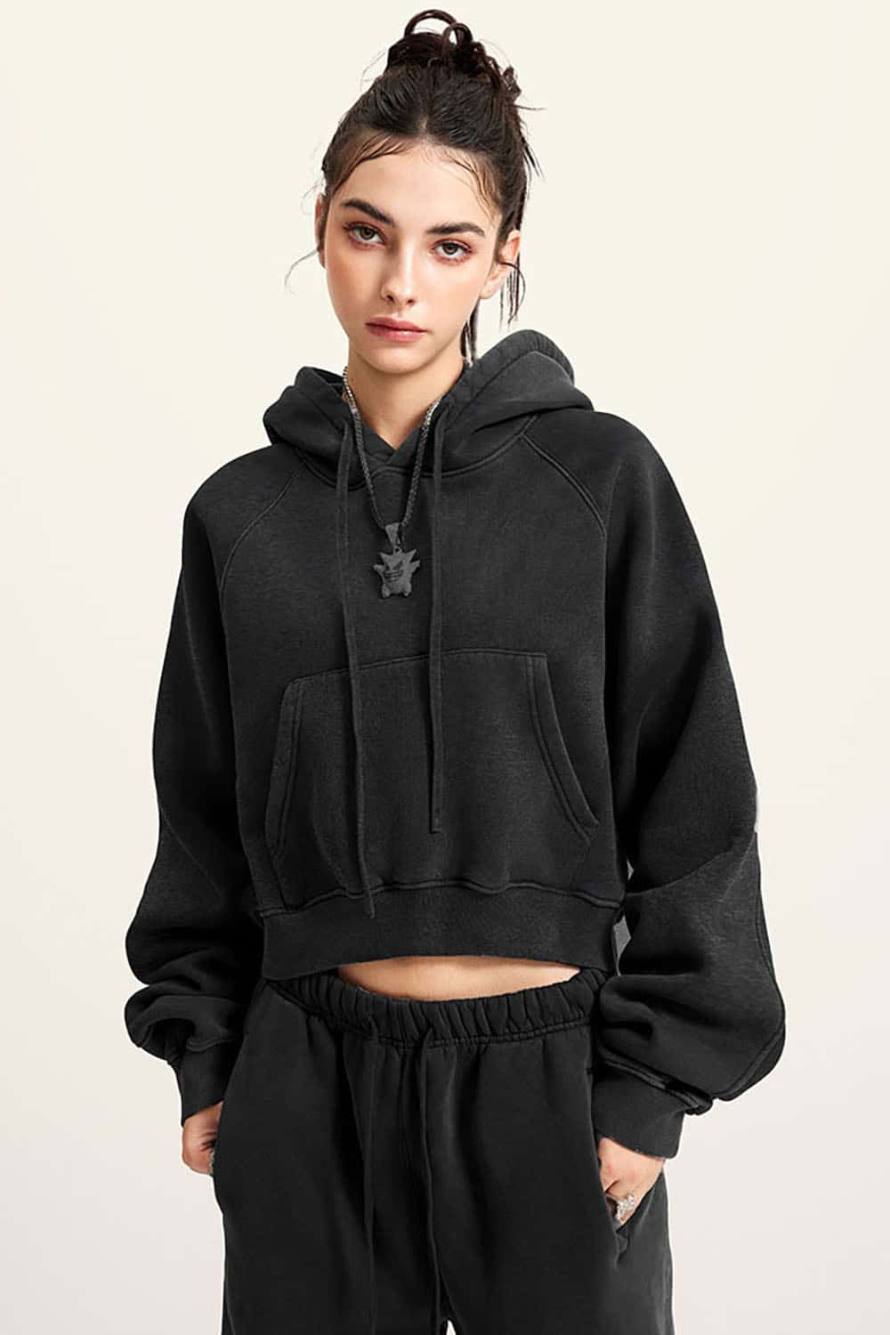 Vintage Washed Fleece-Lined Cropped Hoodie with Drop Shoulder Design
