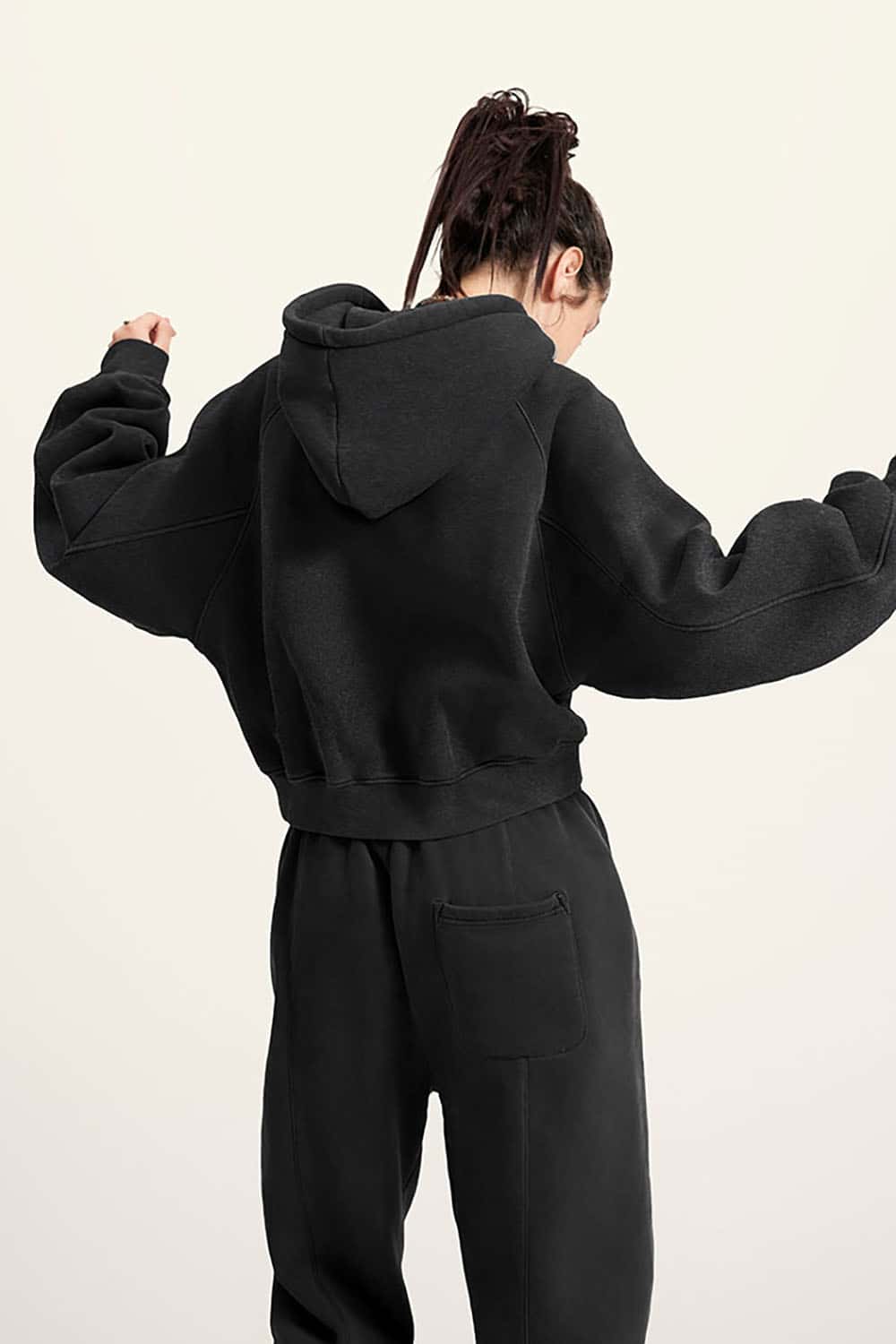 Vintage Washed Fleece-Lined Cropped Hoodie with Drop Shoulder Design