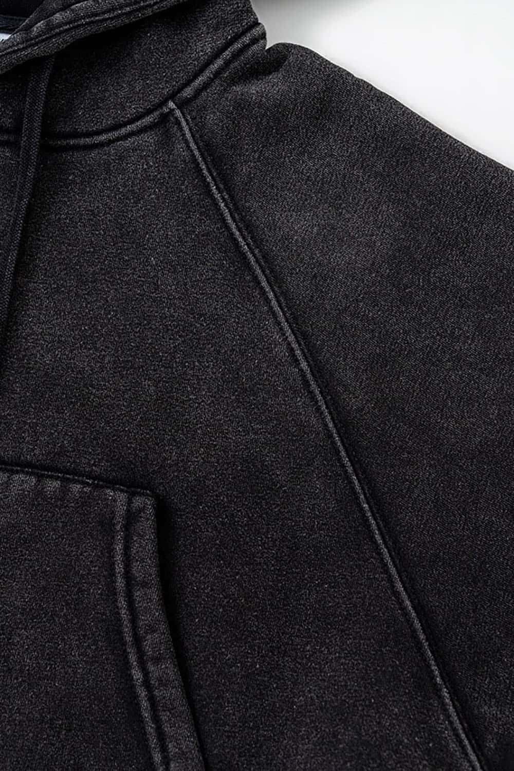 Vintage Washed Fleece-Lined Cropped Hoodie with Drop Shoulder Design