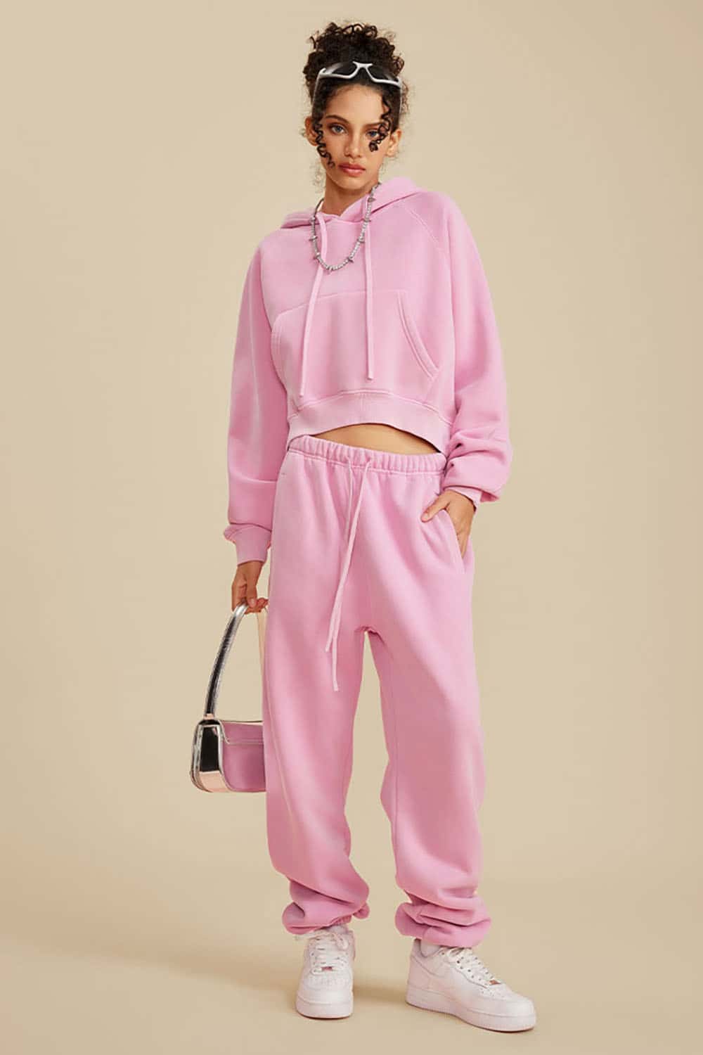 Vintage Washed Fleece-Lined Cropped Hoodie with Drop Shoulder Design