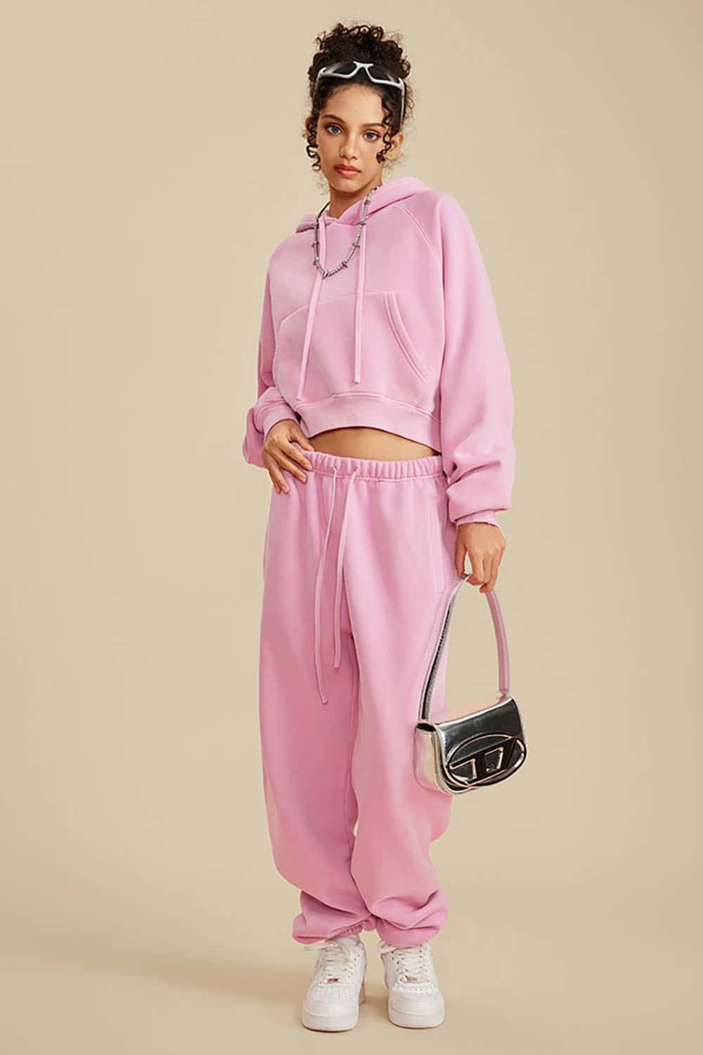 Vintage Washed Fleece-Lined Cropped Hoodie with Drop Shoulder Design