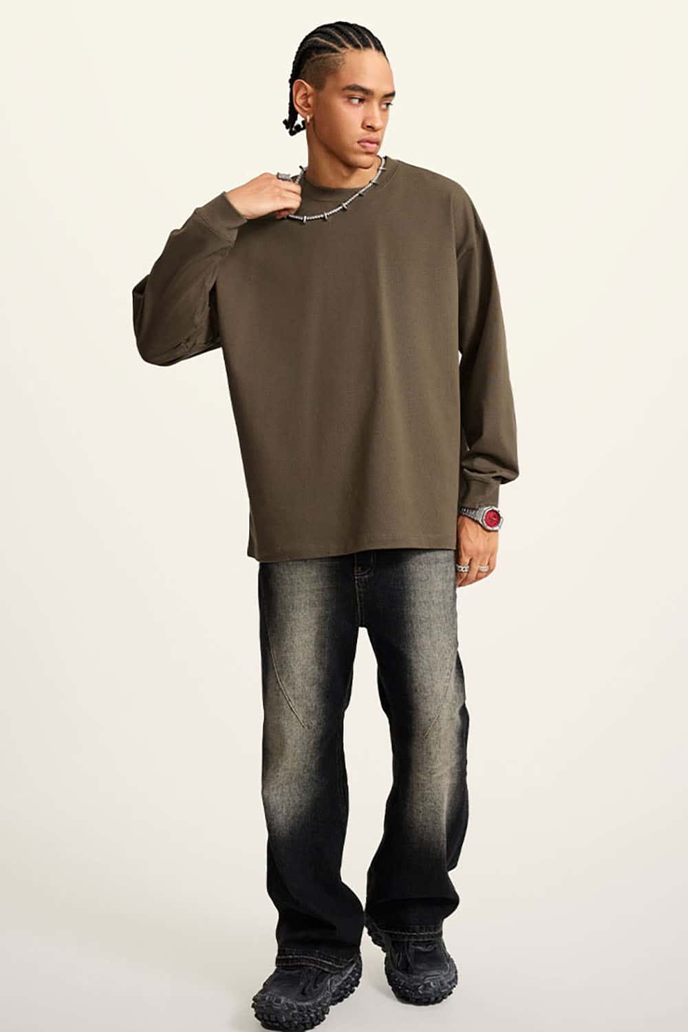 Heavyweight Basic Long Sleeve Solid Color Cotton Loose-Fit Plus Size T-Shirt