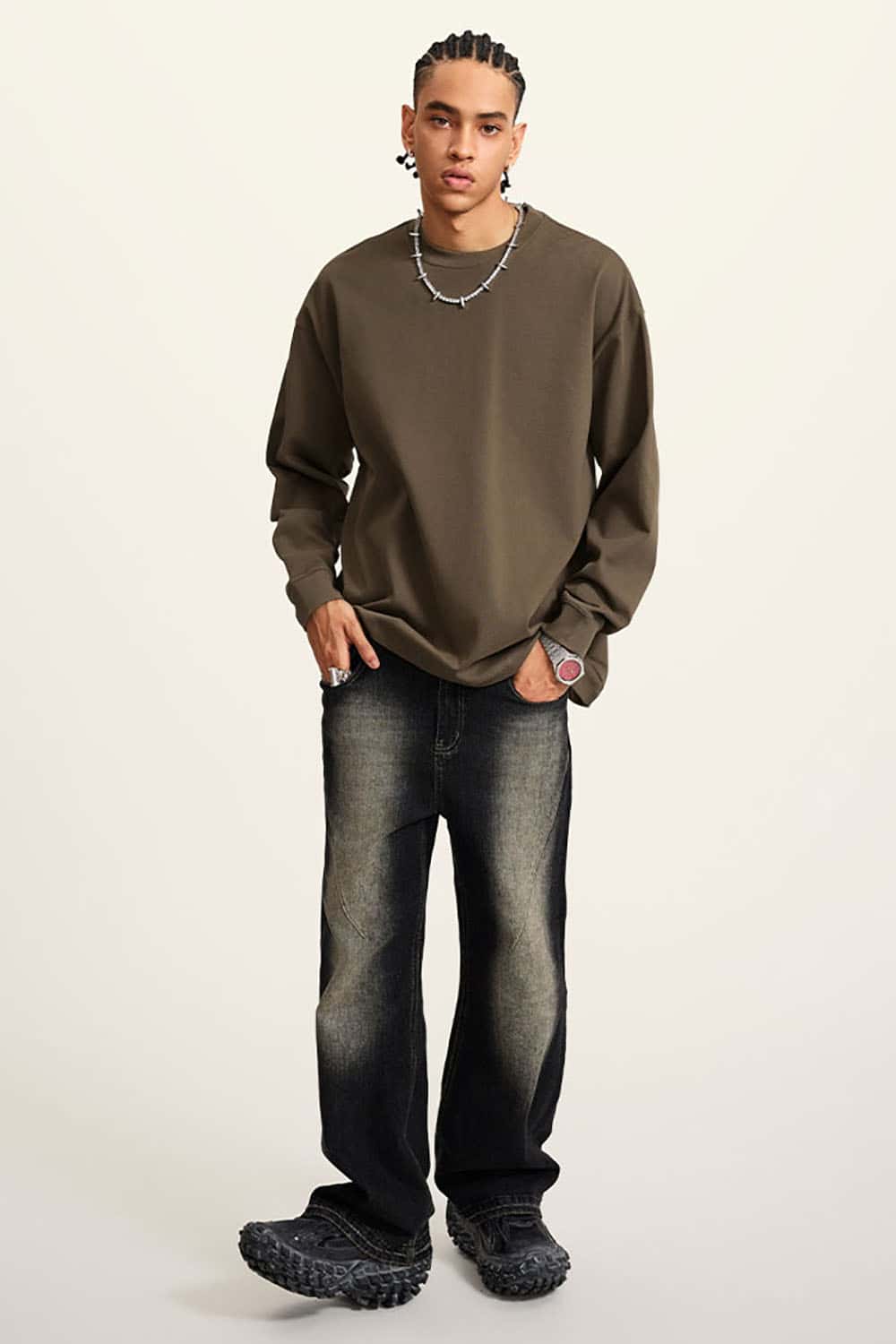 Heavyweight Basic Long Sleeve Solid Color Cotton Loose-Fit Plus Size T-Shirt