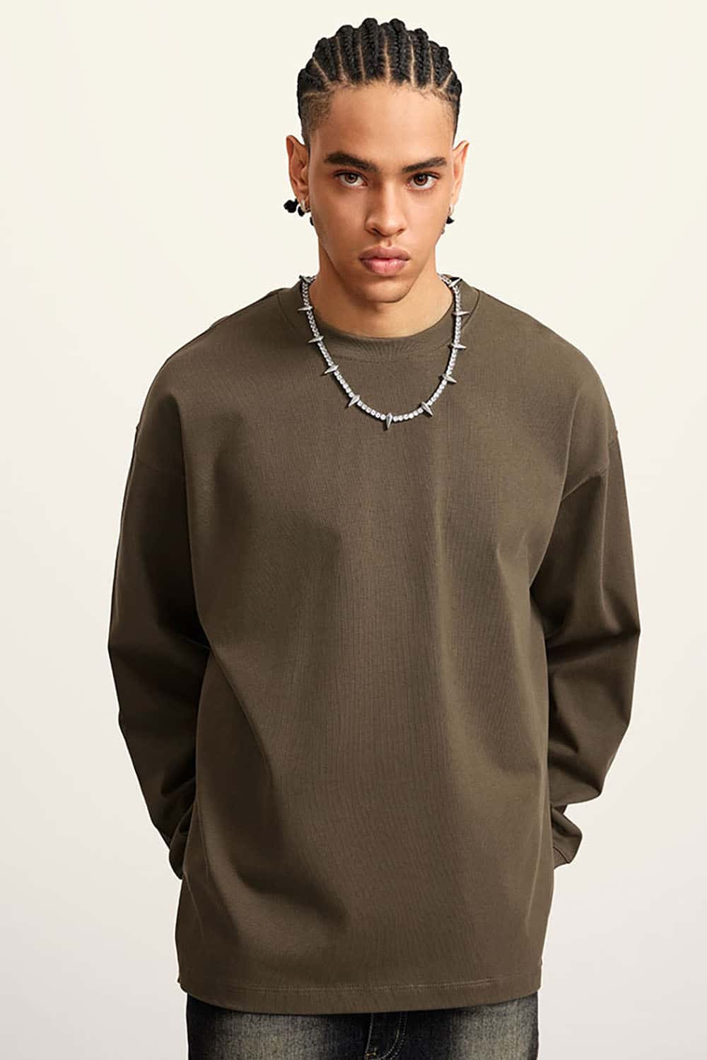 Heavyweight Basic Long Sleeve Solid Color Cotton Loose-Fit Plus Size T-Shirt