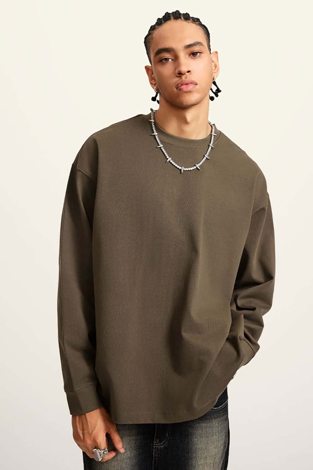 Heavyweight Basic Long Sleeve Solid Color Cotton Loose-Fit Plus Size T-Shirt