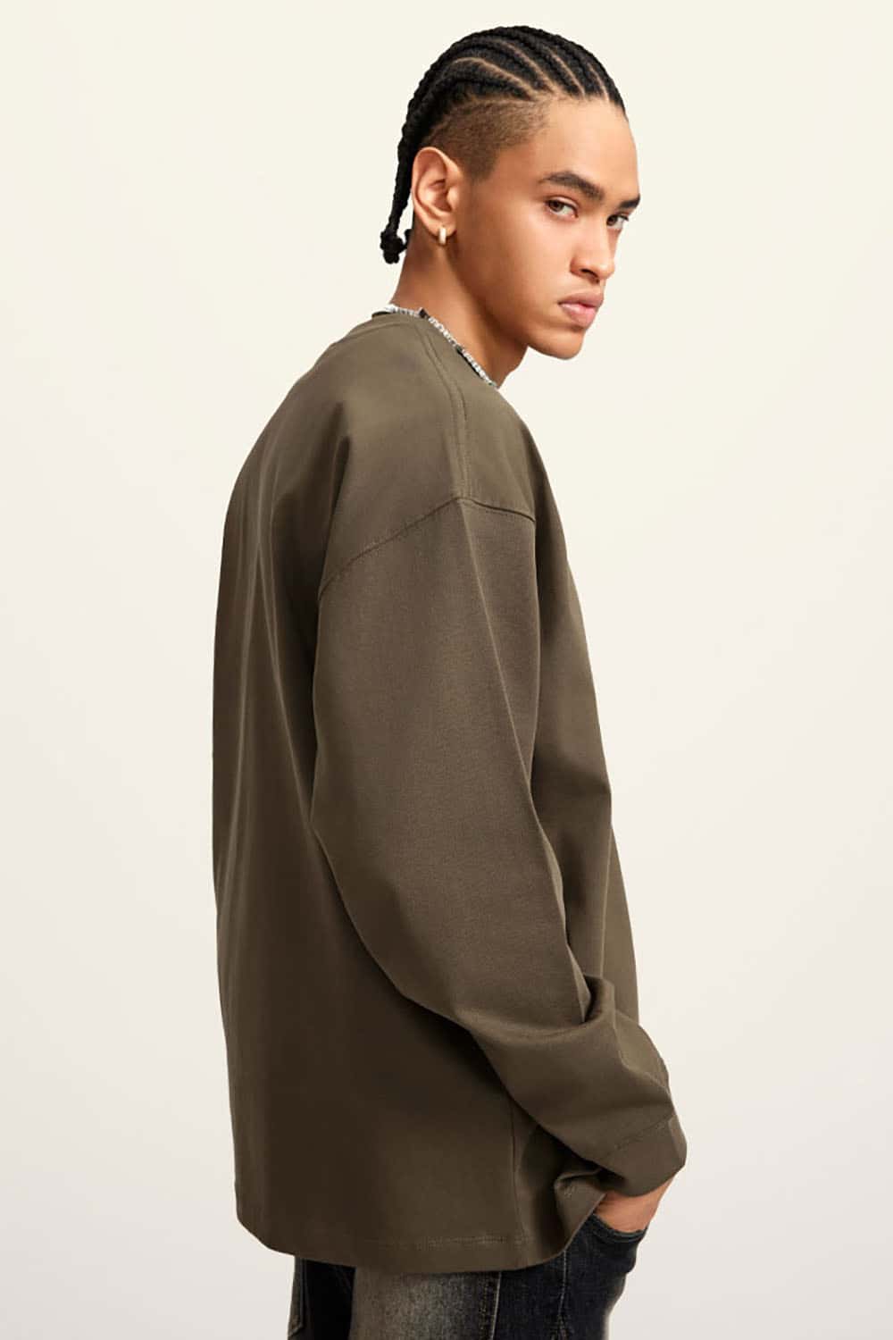 Heavyweight Basic Long Sleeve Solid Color Cotton Loose-Fit Plus Size T-Shirt