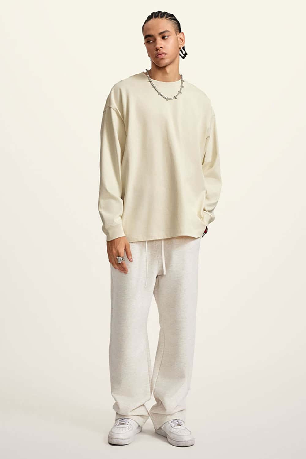 Heavyweight Basic Long Sleeve Solid Color Cotton Loose-Fit Plus Size T-Shirt