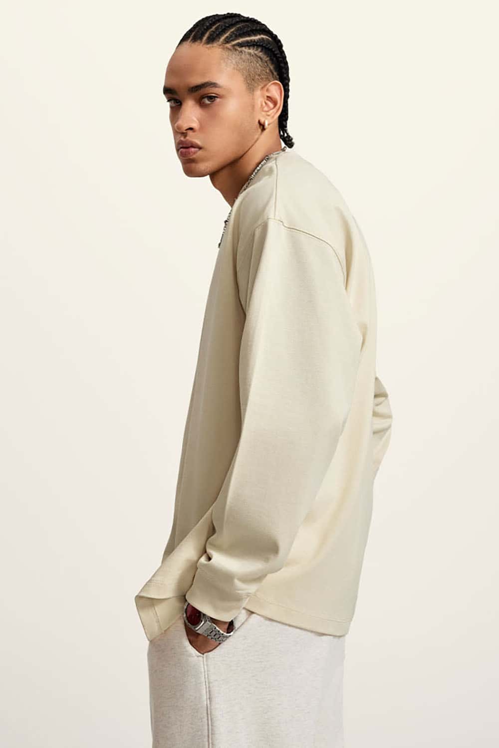 Heavyweight Basic Long Sleeve Solid Color Cotton Loose-Fit Plus Size T-Shirt