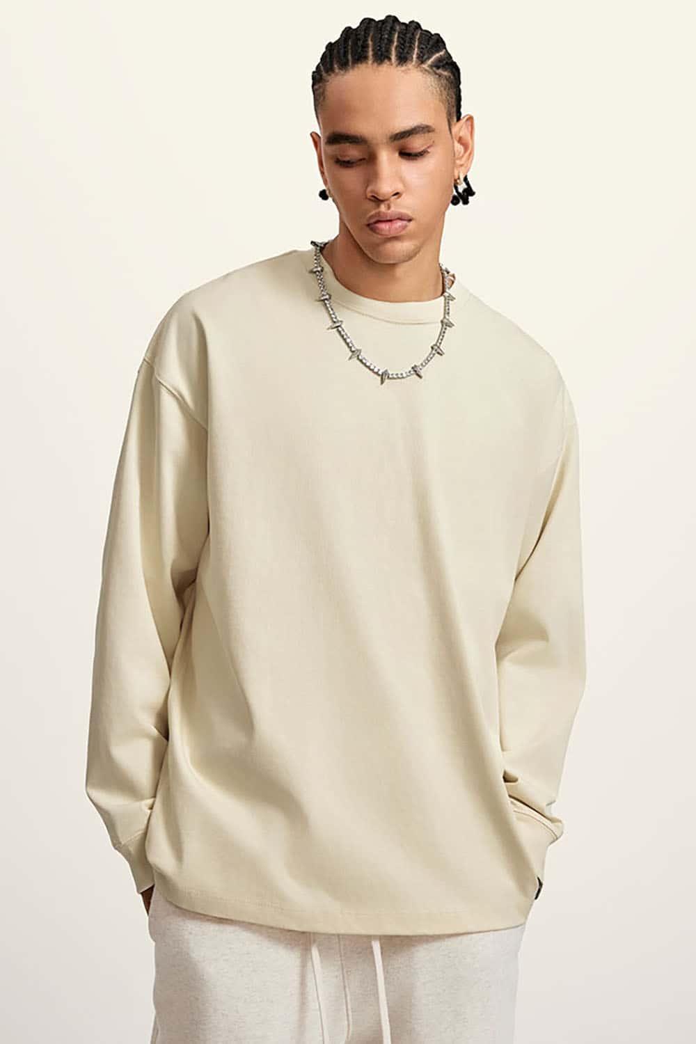 Heavyweight Basic Long Sleeve Solid Color Cotton Loose-Fit Plus Size T-Shirt