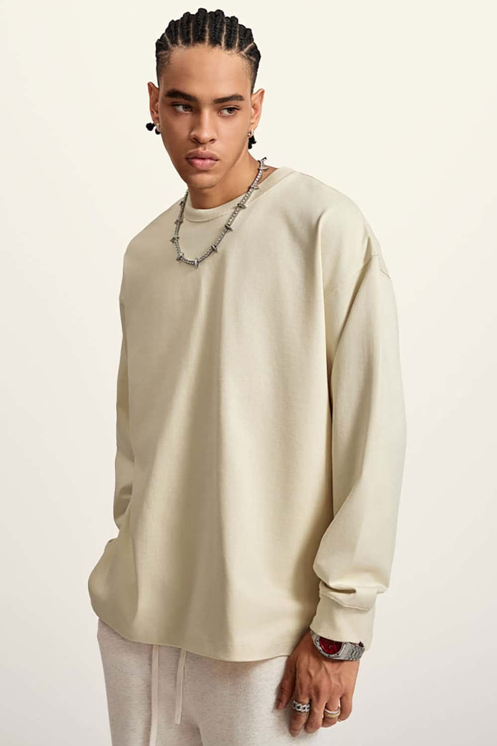 Heavyweight Basic Long Sleeve Solid Color Cotton Loose-Fit Plus Size T-Shirt