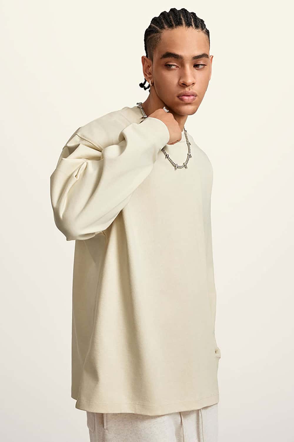 Heavyweight Basic Long Sleeve Solid Color Cotton Loose-Fit Plus Size T-Shirt