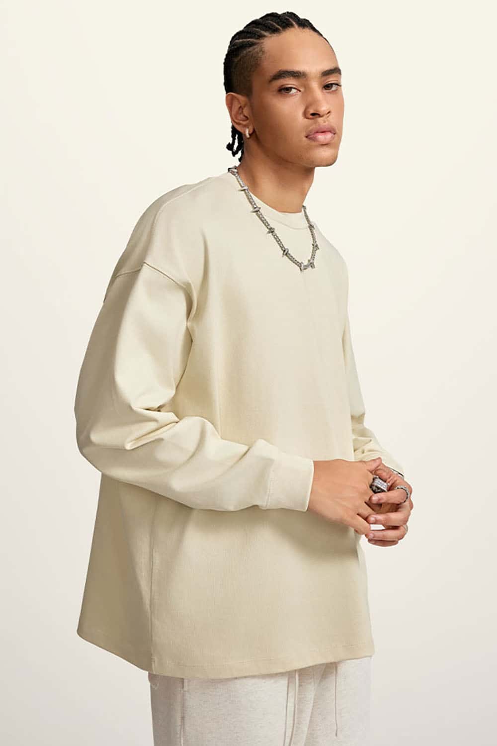 Heavyweight Basic Long Sleeve Solid Color Cotton Loose-Fit Plus Size T-Shirt