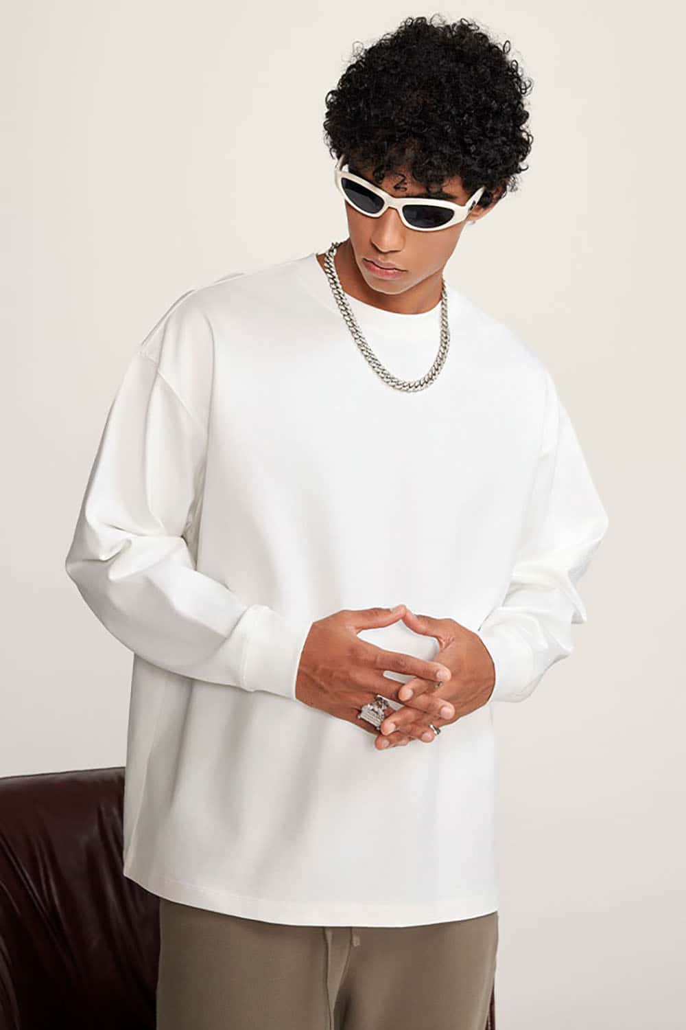 Heavyweight Basic Long Sleeve Solid Color Cotton Loose-Fit Plus Size T-Shirt