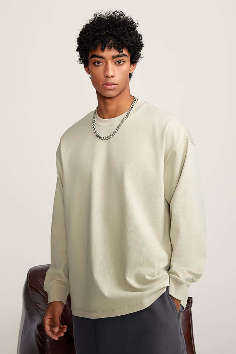 Heavyweight Basic Long Sleeve Solid Color Cotton Loose-Fit Plus Size T-Shirt