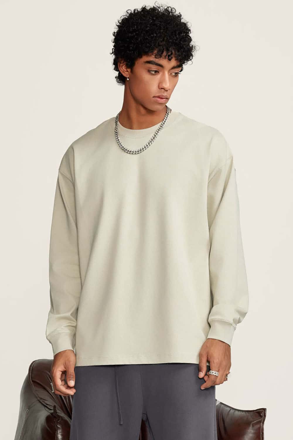 Heavyweight Basic Long Sleeve Solid Color Cotton Loose-Fit Plus Size T-Shirt