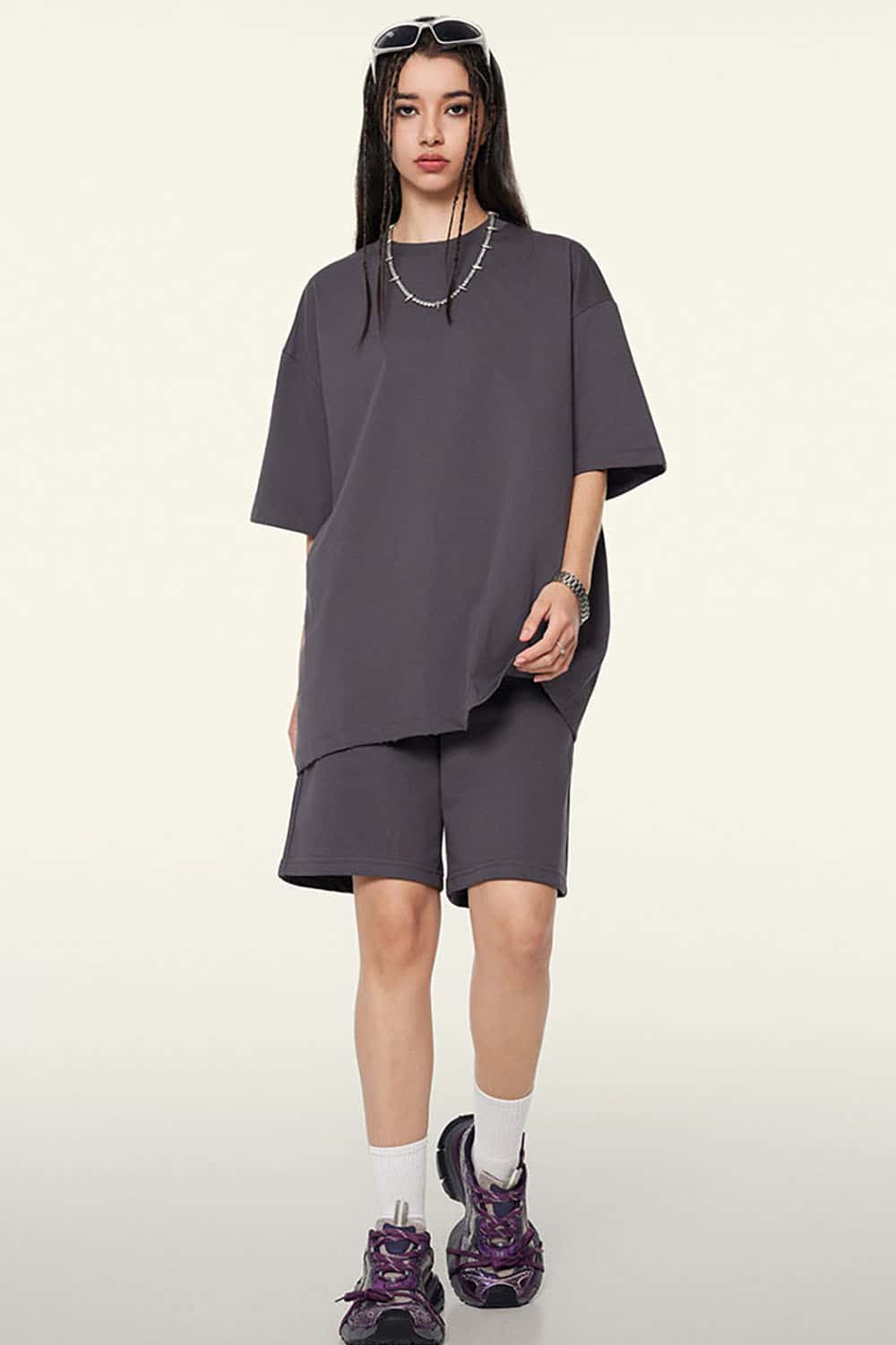 230g Cool-Touch Sports Solid Color Frayed Edge Loose-Fit Short Sleeve T-Shirt