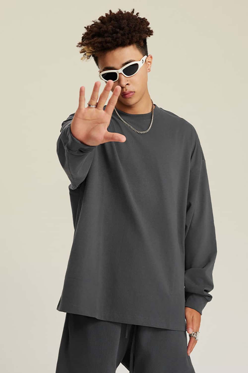 Solid Color Pure Cotton Long Sleeve Loose Couples T-Shirt