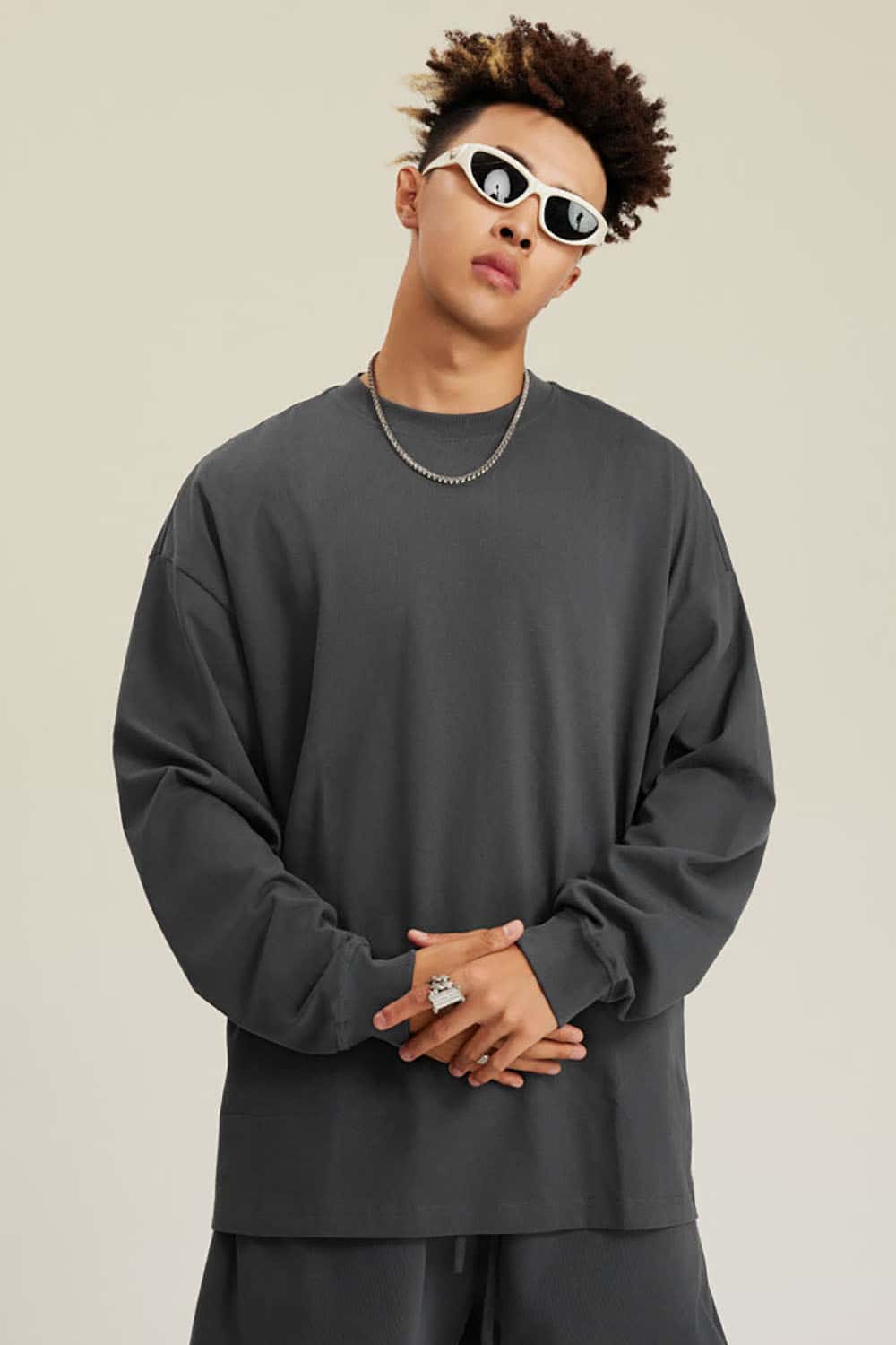 Solid Color Pure Cotton Long Sleeve Loose Couples T-Shirt