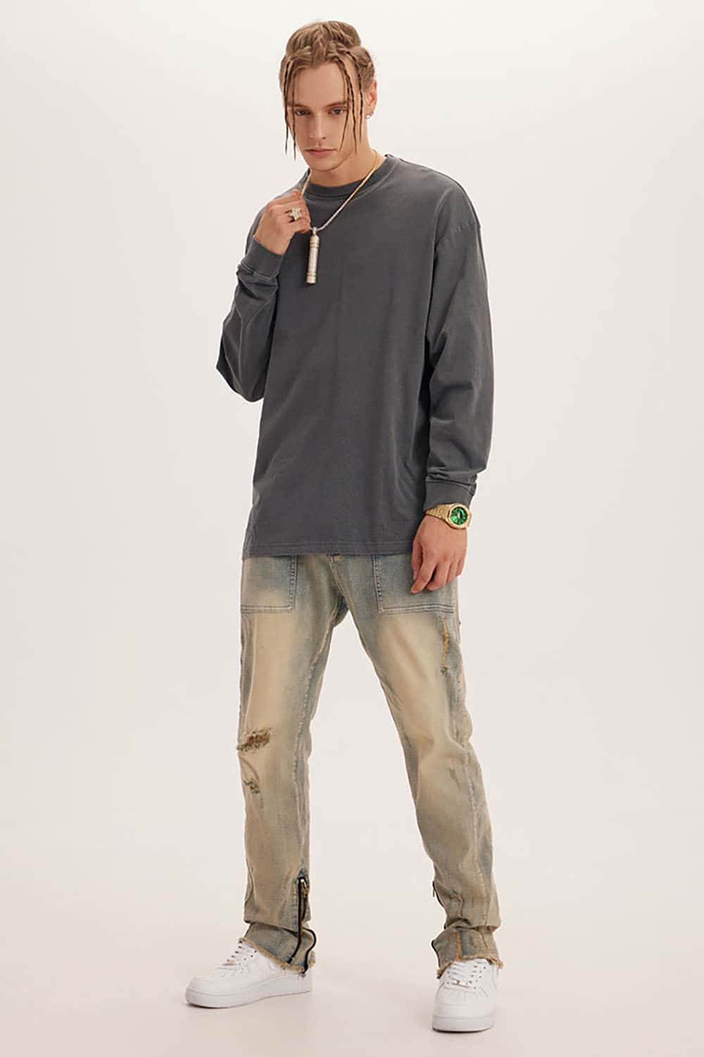 Loose Long Sleeve 260G Vintage Wash Distressed Long Sleeve T-Shirt