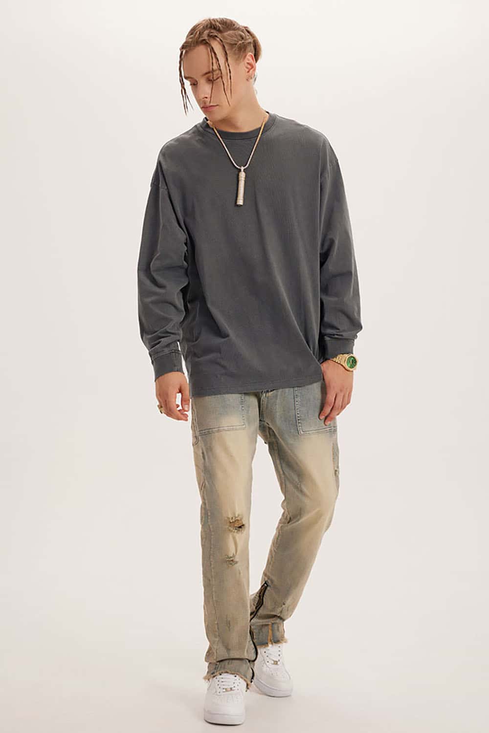 Loose Long Sleeve 260G Vintage Wash Distressed Long Sleeve T-Shirt