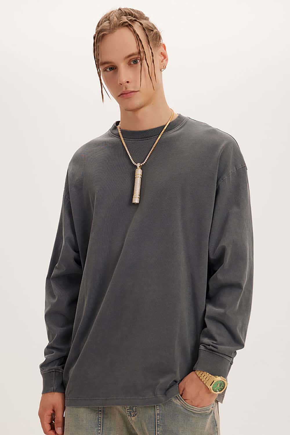 Loose Long Sleeve 260G Vintage Wash Distressed Long Sleeve T-Shirt