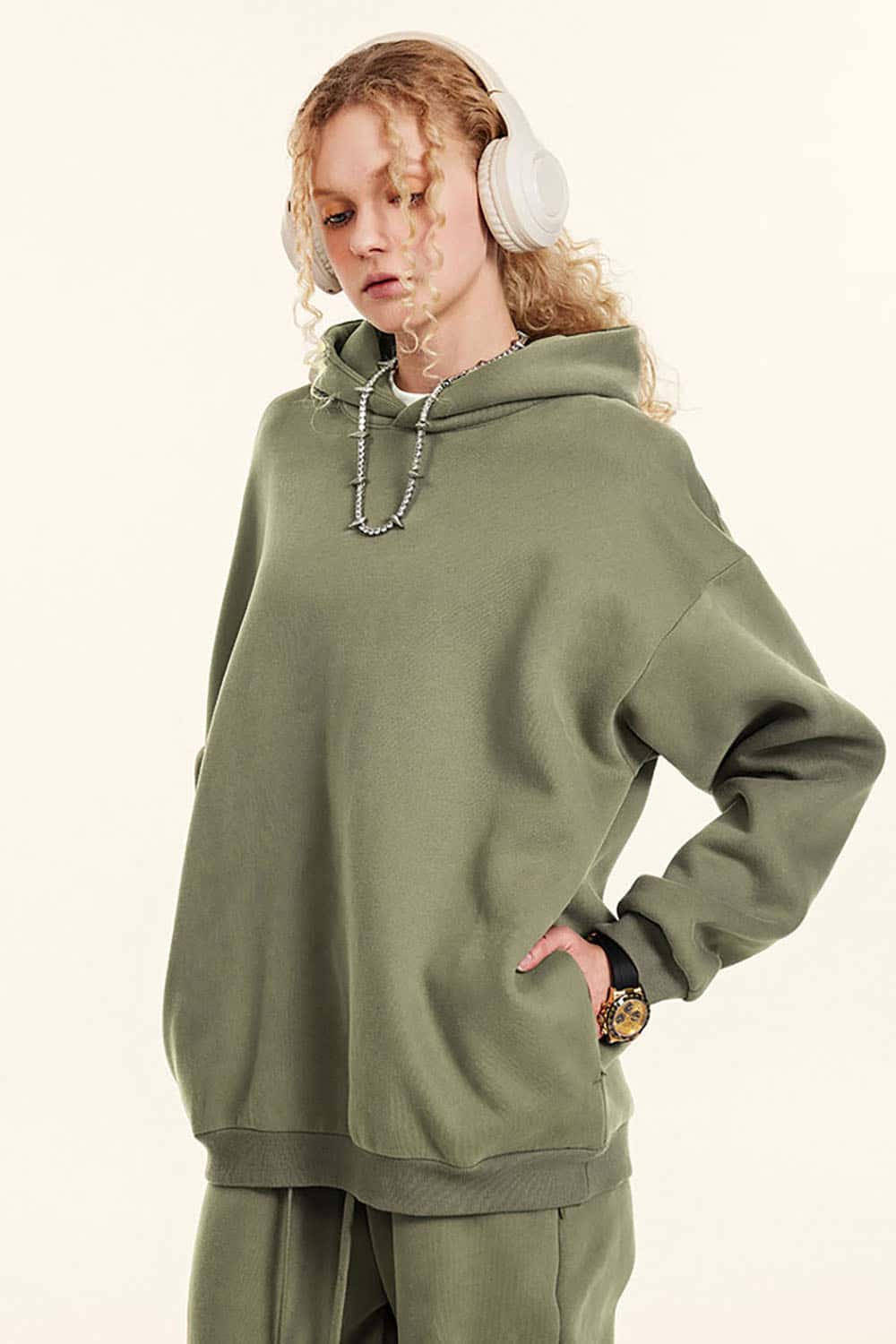 Basic Loose Fleece-Lined Sports Hoodie with Concealed Zipper