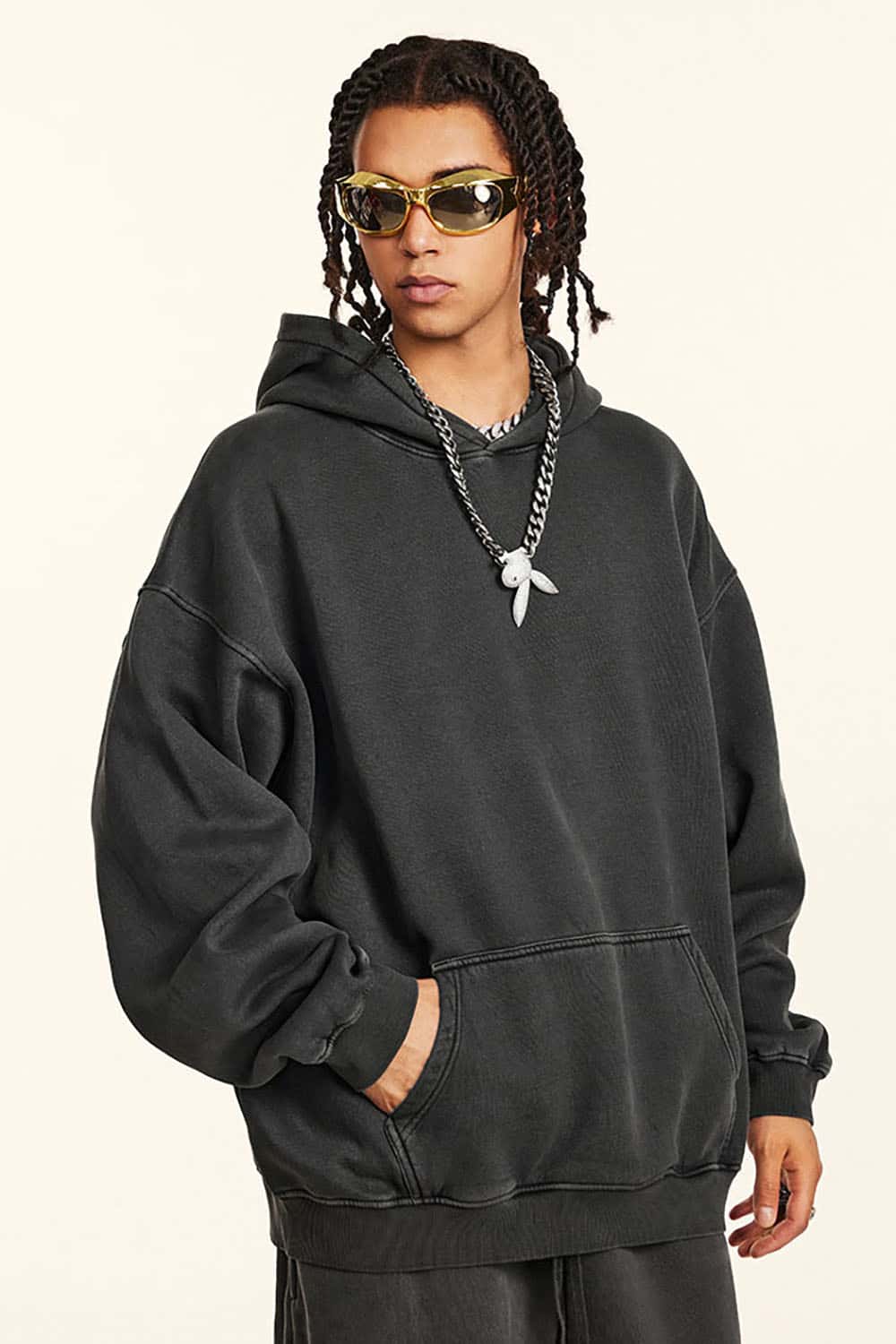 Loose-Fit Streetwear Sports Vintage Wash Fleece-Lined Hoodie