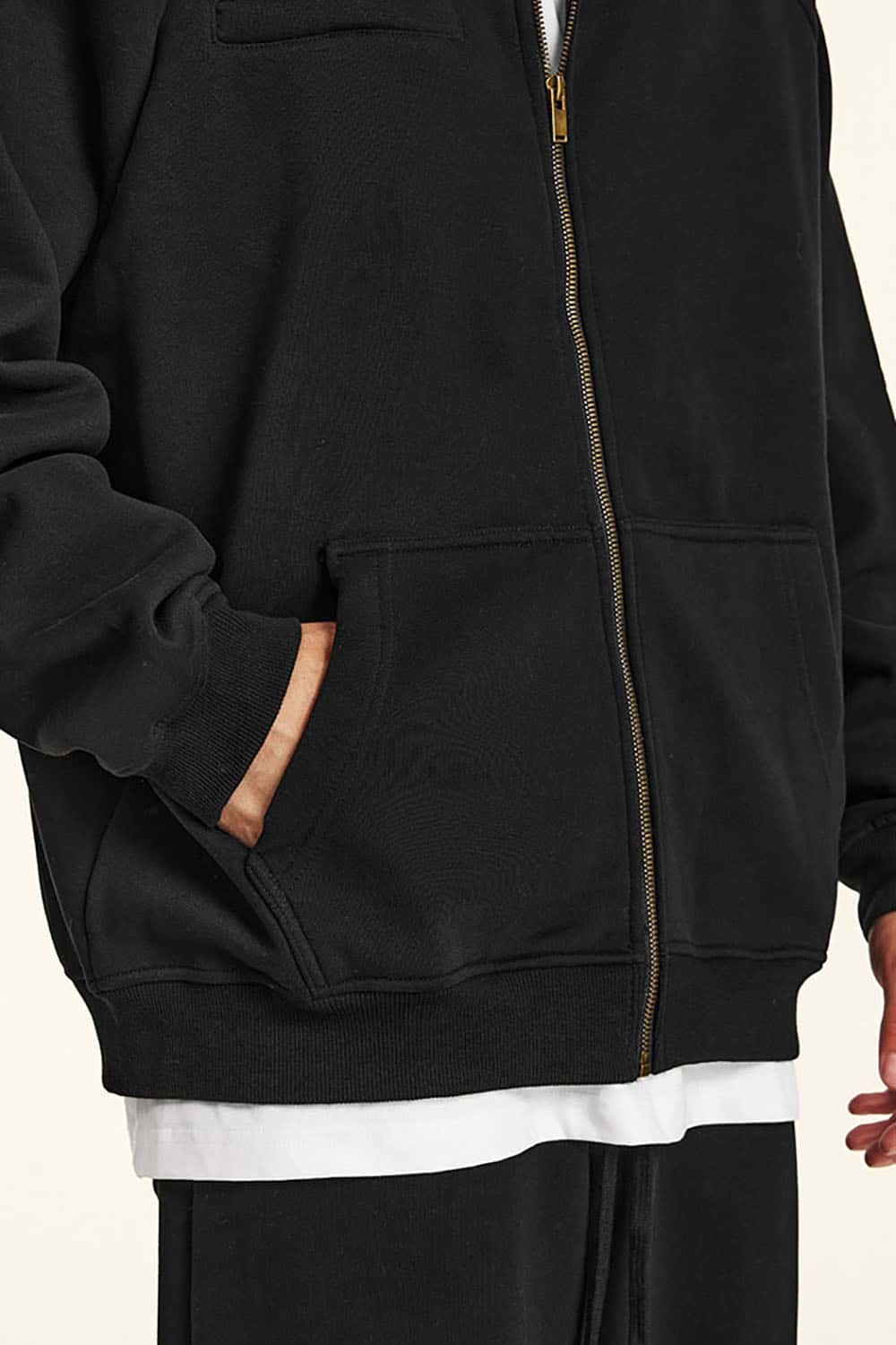 Loose-fit Solid Basic Fleece-Lined Zip-Up Hoodie Jacket