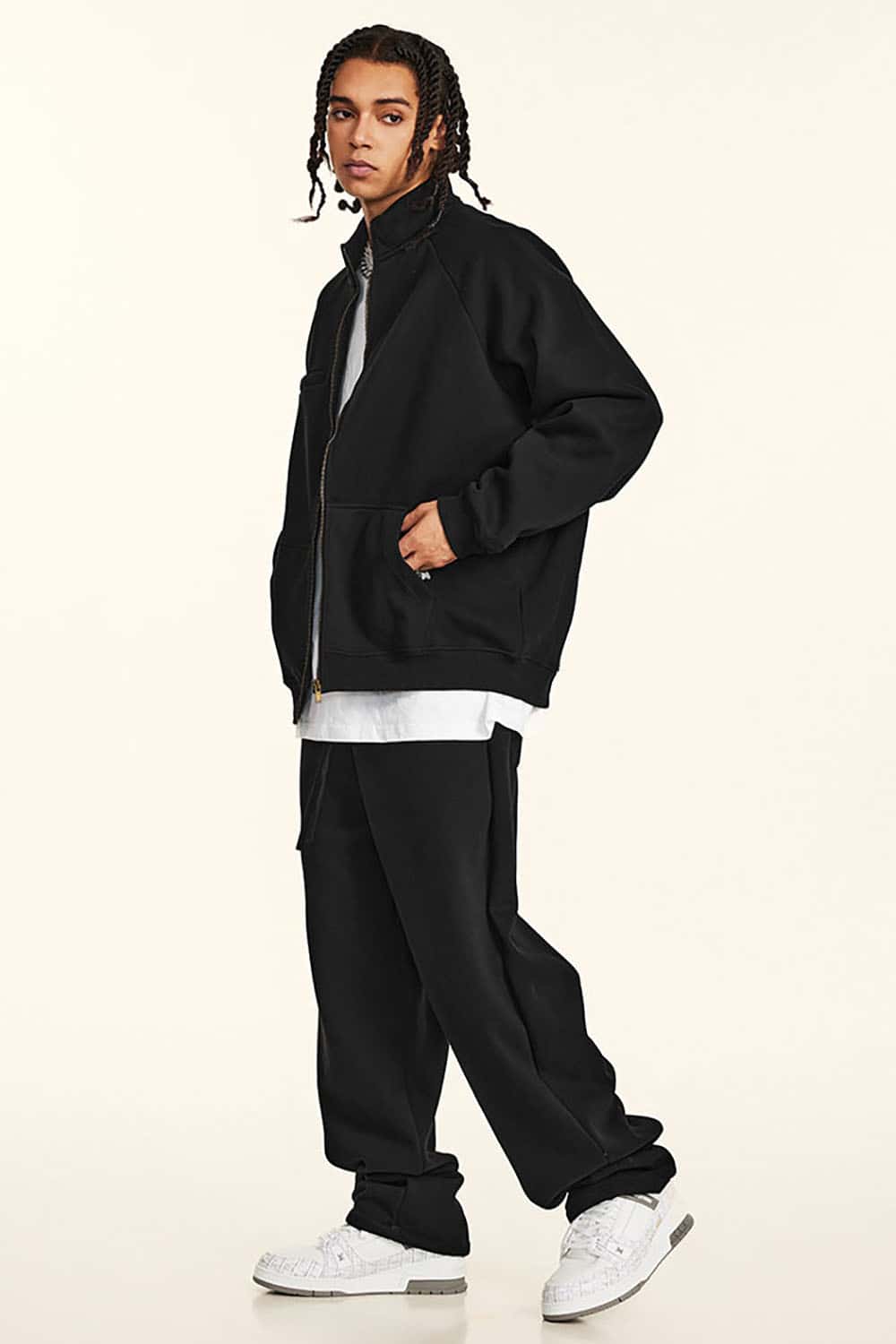 Loose-fit Solid Basic Fleece-Lined Zip-Up Hoodie Jacket