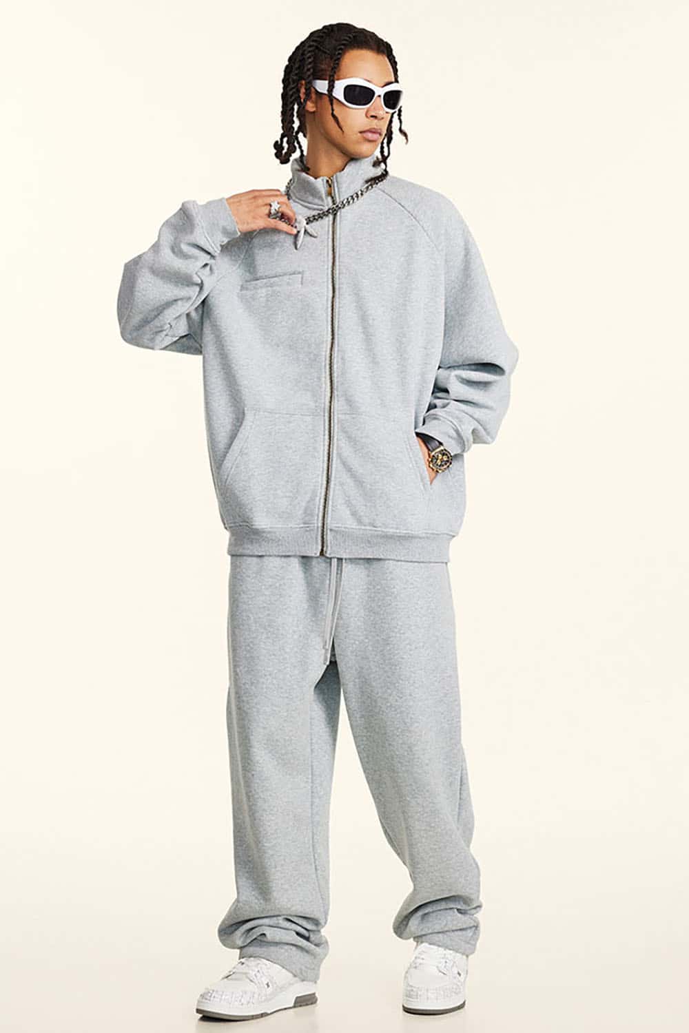 Loose-fit Solid Basic Fleece-Lined Zip-Up Hoodie Jacket