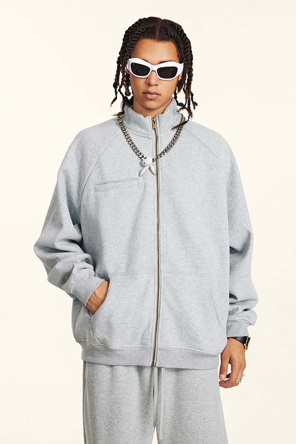 Loose-fit Solid Basic Fleece-Lined Zip-Up Hoodie Jacket
