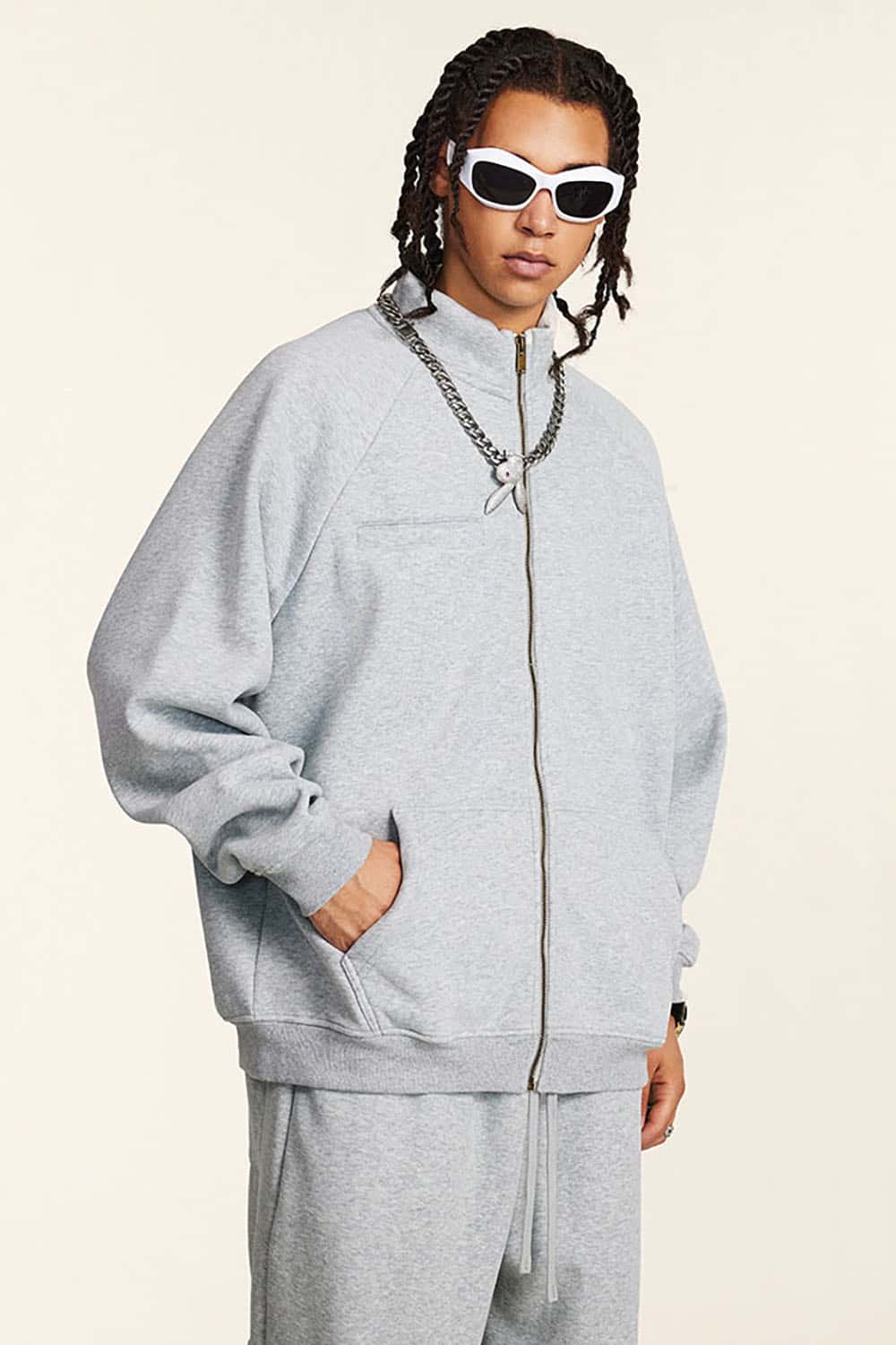 Loose-fit Solid Basic Fleece-Lined Zip-Up Hoodie Jacket
