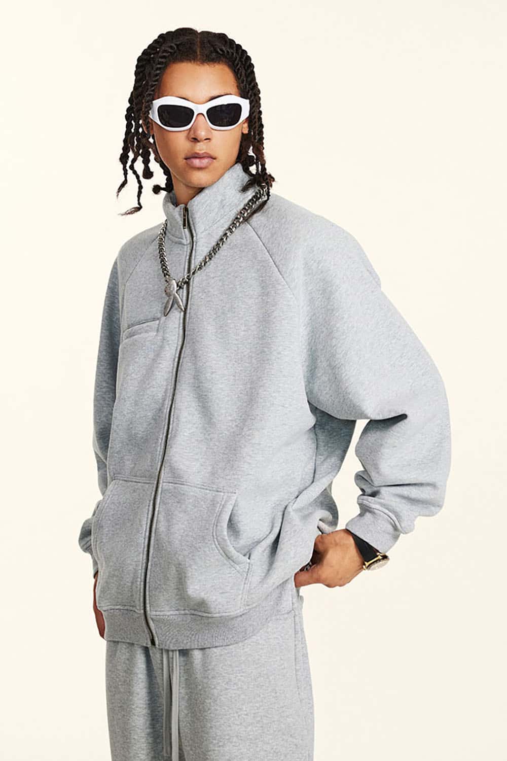 Loose-fit Solid Basic Fleece-Lined Zip-Up Hoodie Jacket