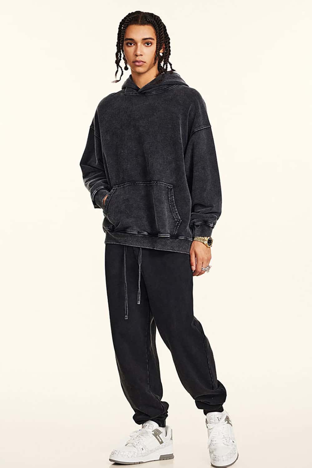 Loose-Fit Distressed Wax-Dyed Couples' Heavyweight Hoodie