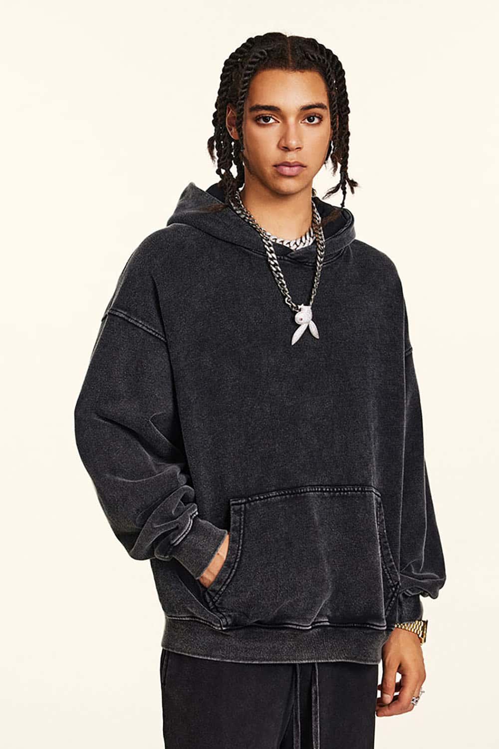 Loose-Fit Distressed Wax-Dyed Couples' Heavyweight Hoodie