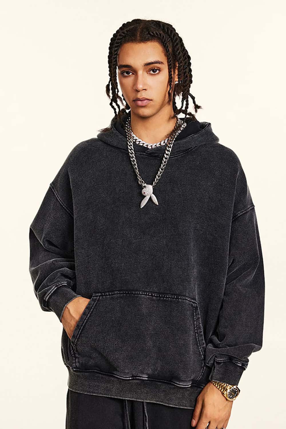 Loose-Fit Distressed Wax-Dyed Couples' Heavyweight Hoodie