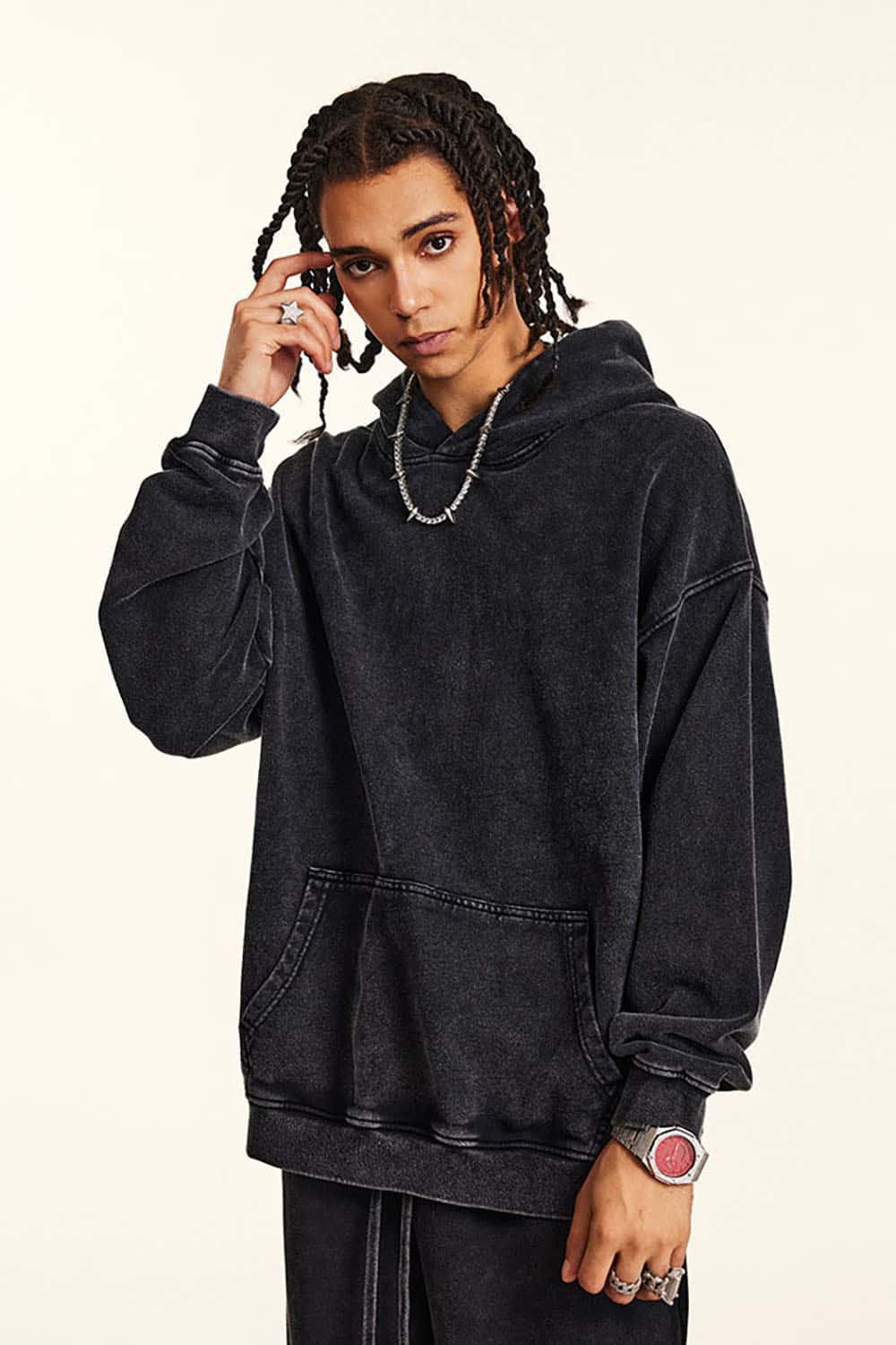 Retro Streetwear Loose-Fit Knitted Washed Hoodie