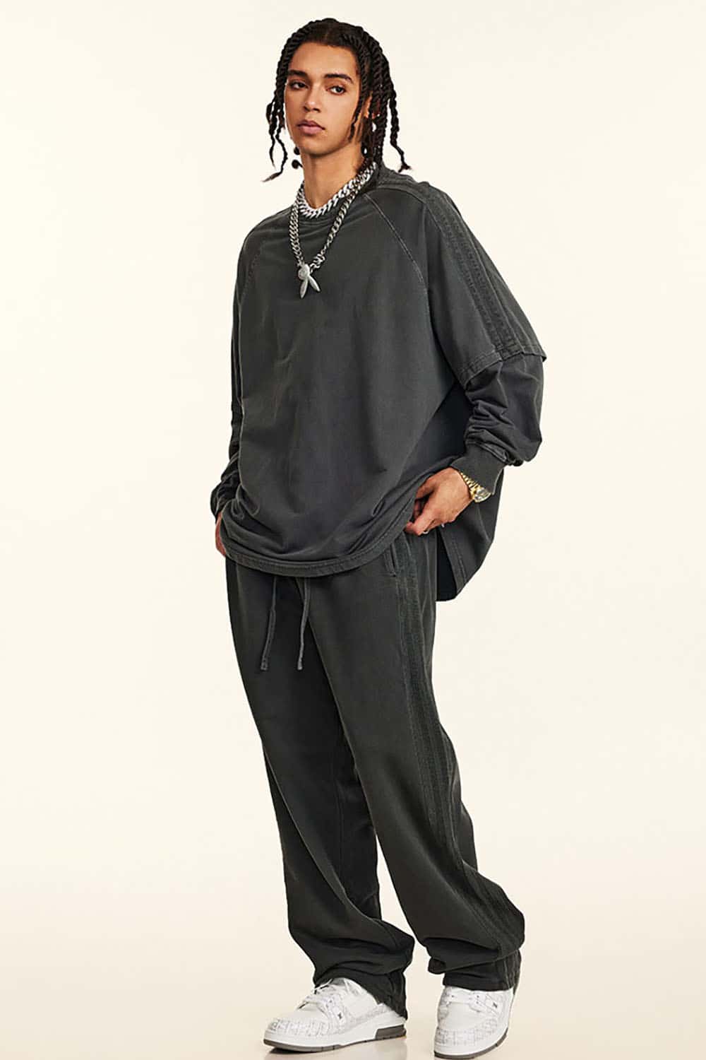 Loose-Fit Layered-Look Cotton T-shirt with Ribbon Stripe and Vintage Wash