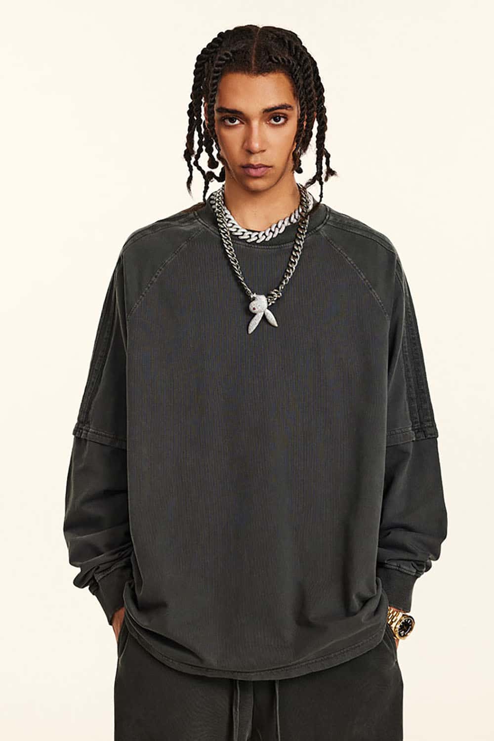 Loose-Fit Layered-Look Cotton T-shirt with Ribbon Stripe and Vintage Wash