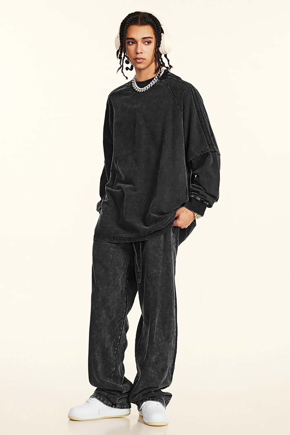 Loose-Fit Layered-Look Cotton T-shirt with Ribbon Stripe and Vintage Wash