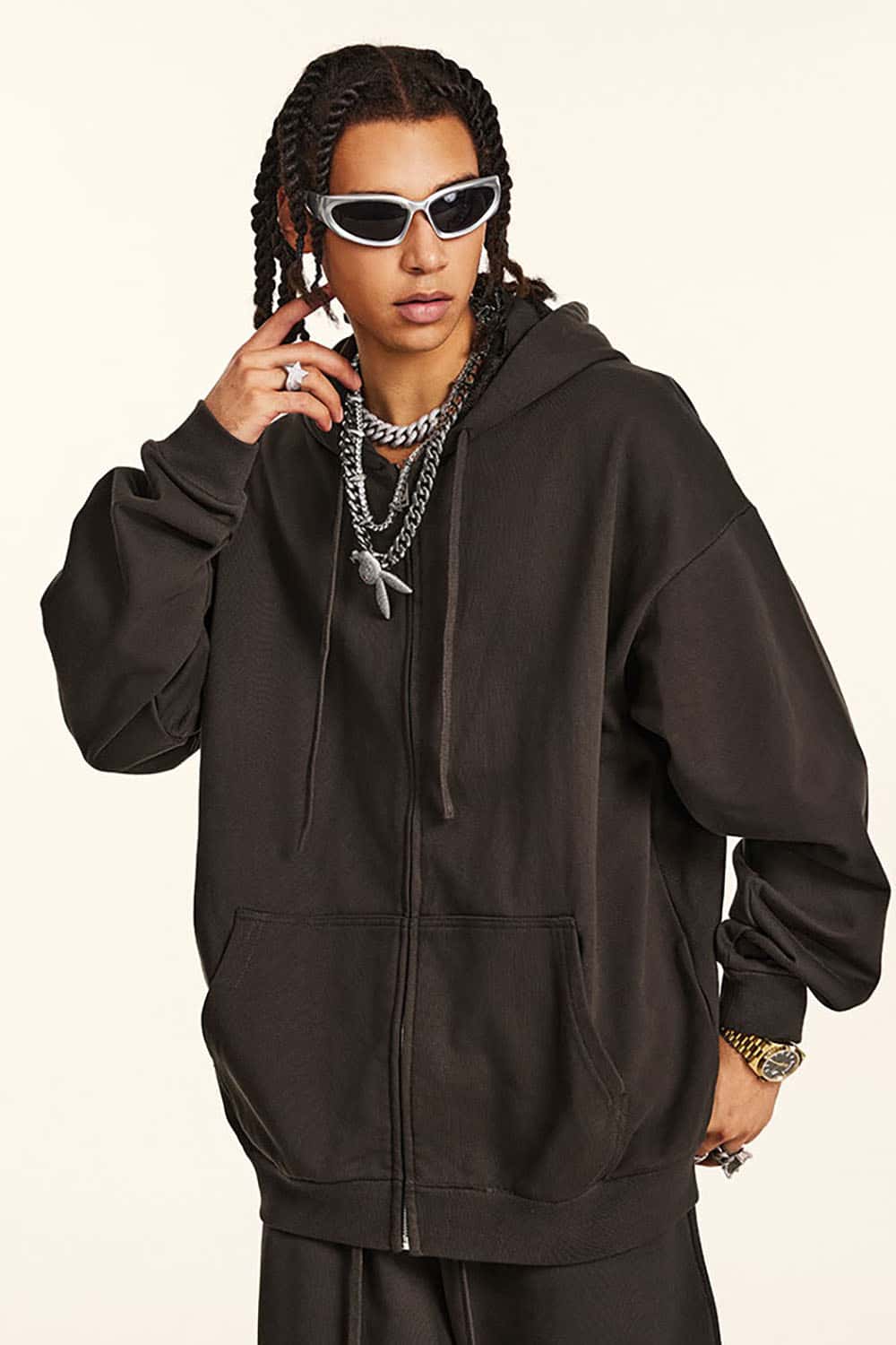 Solid Color Terry Zip-Up Hoodie with Loose Casual Fit
