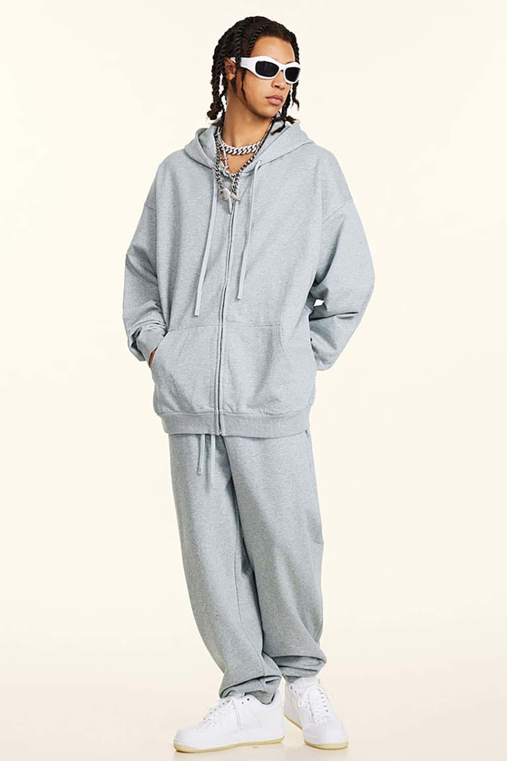 Solid Color Terry Zip-Up Hoodie with Loose Casual Fit