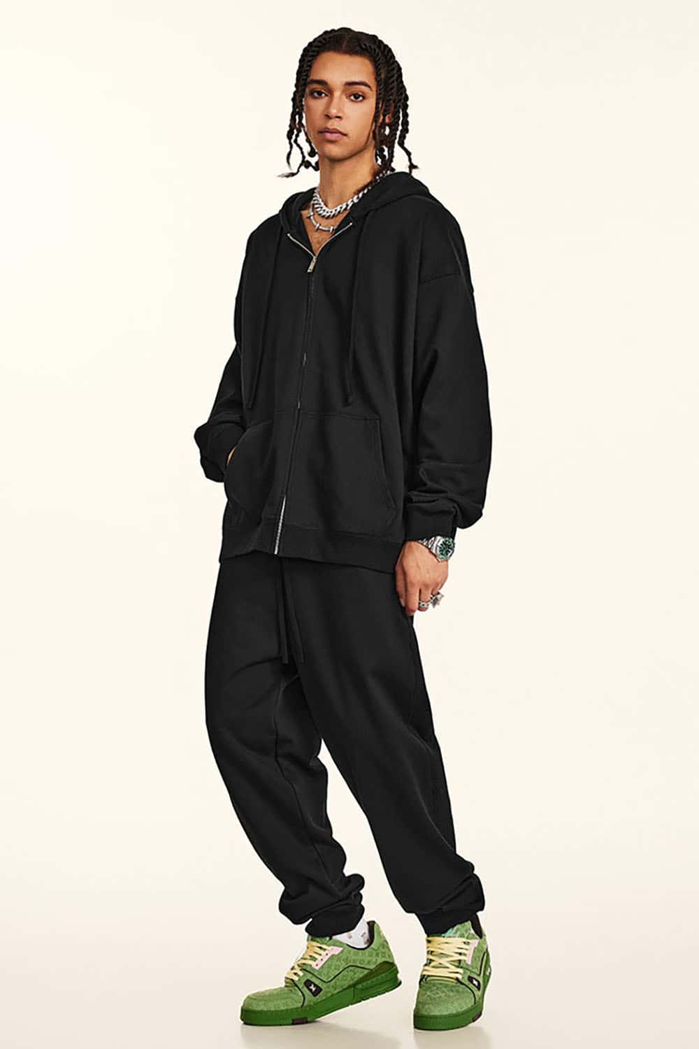 Solid Color Terry Zip-Up Hoodie with Loose Casual Fit