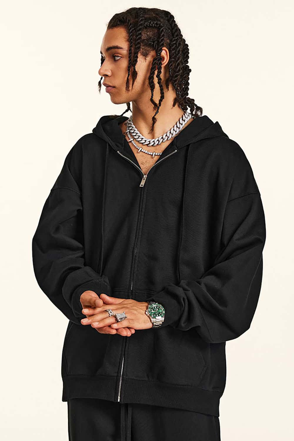 Solid Color Terry Zip-Up Hoodie with Loose Casual Fit