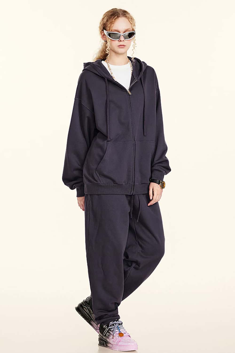 Solid Color Terry Zip-Up Hoodie with Loose Casual Fit