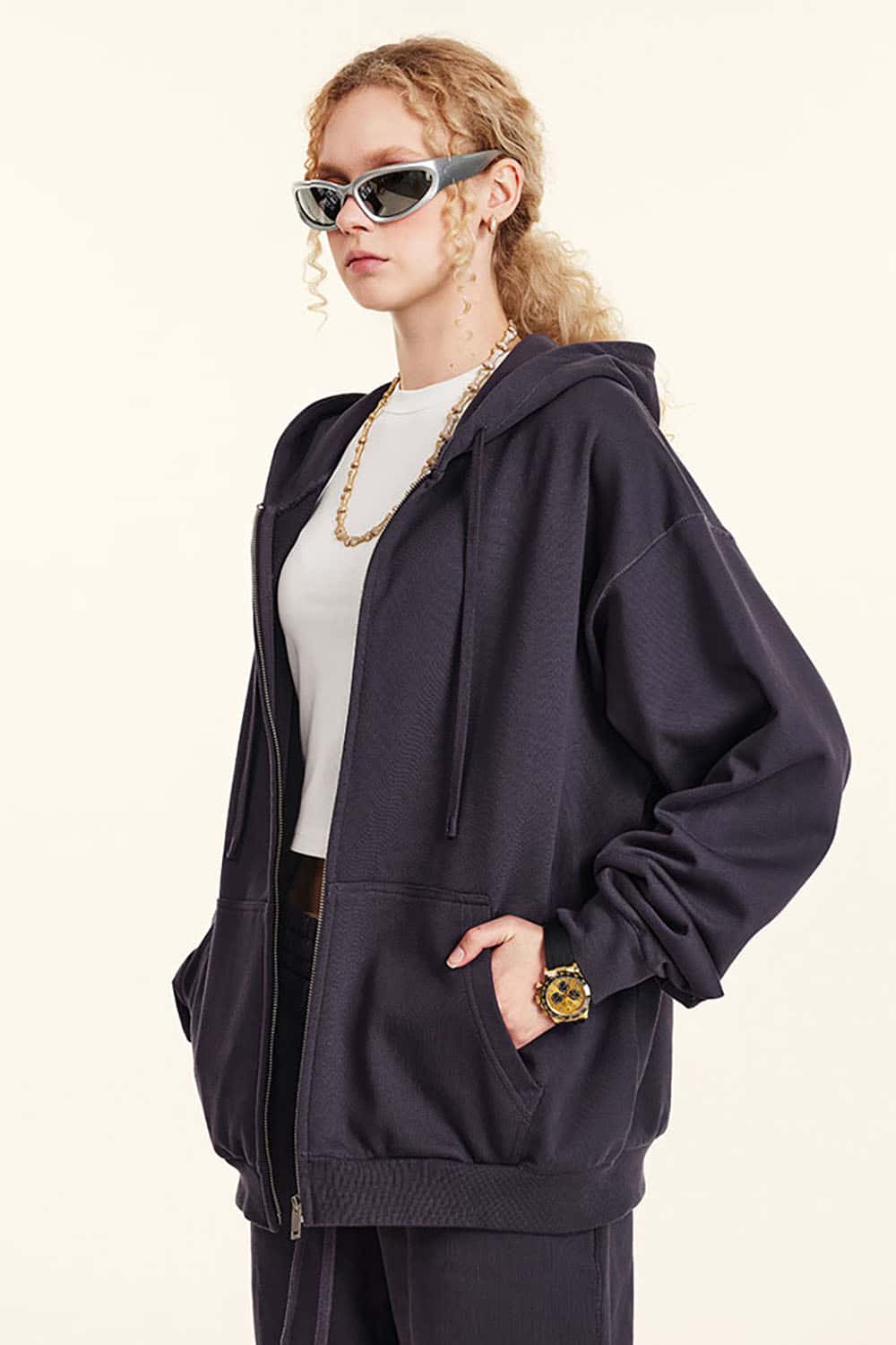 Solid Color Terry Zip-Up Hoodie with Loose Casual Fit