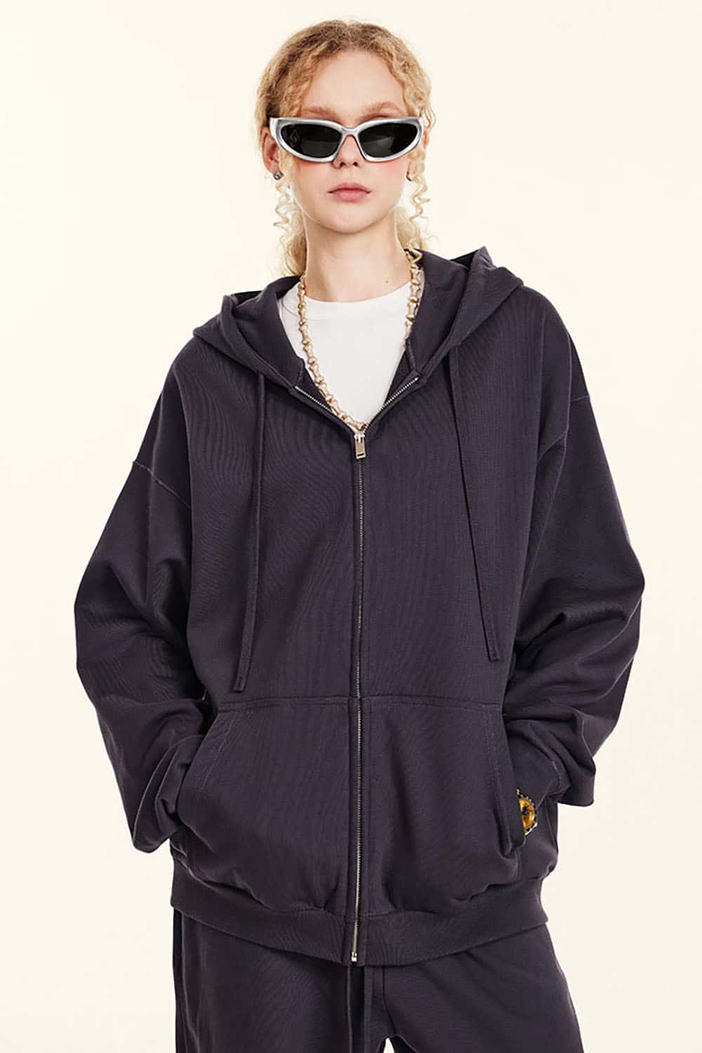 Solid Color Terry Zip-Up Hoodie with Loose Casual Fit