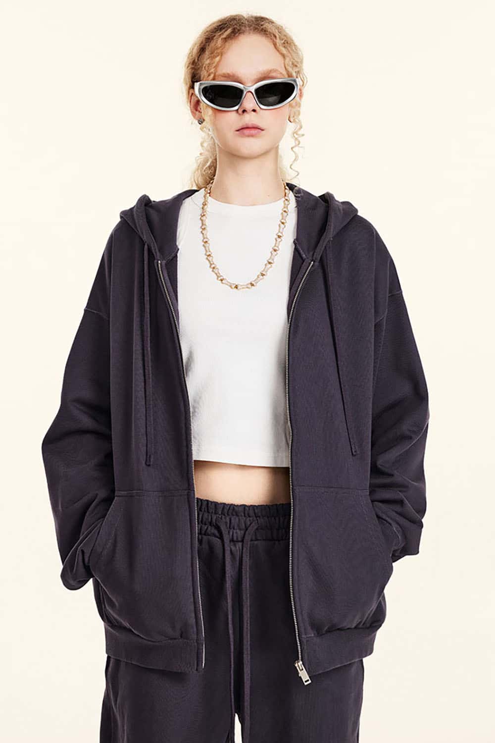 Solid Color Terry Zip-Up Hoodie with Loose Casual Fit