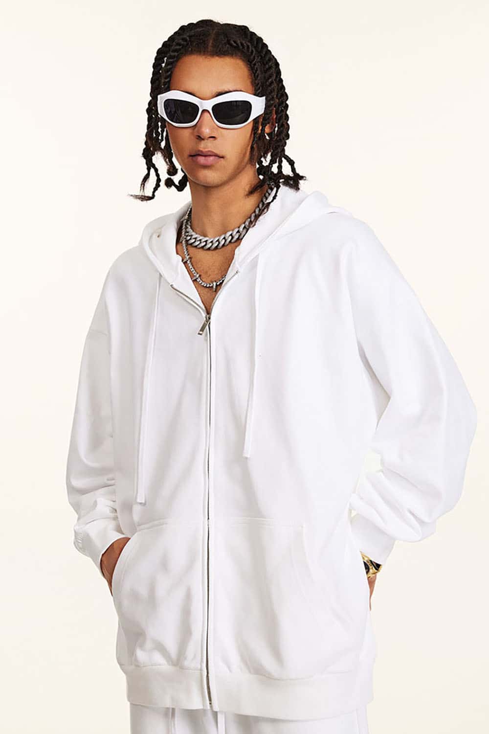 Solid Color Terry Zip-Up Hoodie with Loose Casual Fit