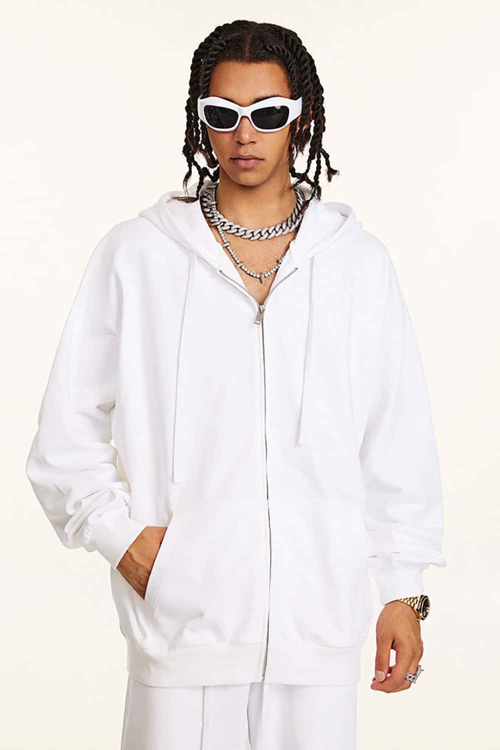 Solid Color Terry Zip-Up Hoodie with Loose Casual Fit